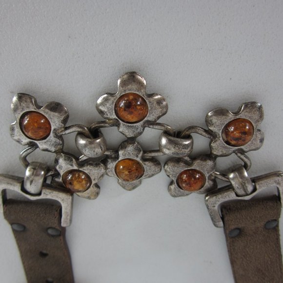 Express Belt Womens Small Brown Brown Suede Leather Orange Beaded Belt Italy - Picture 9 of 10